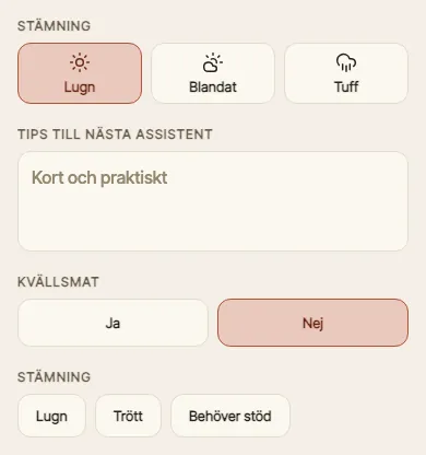 Överlämningsformulär med fälten för brukaren.